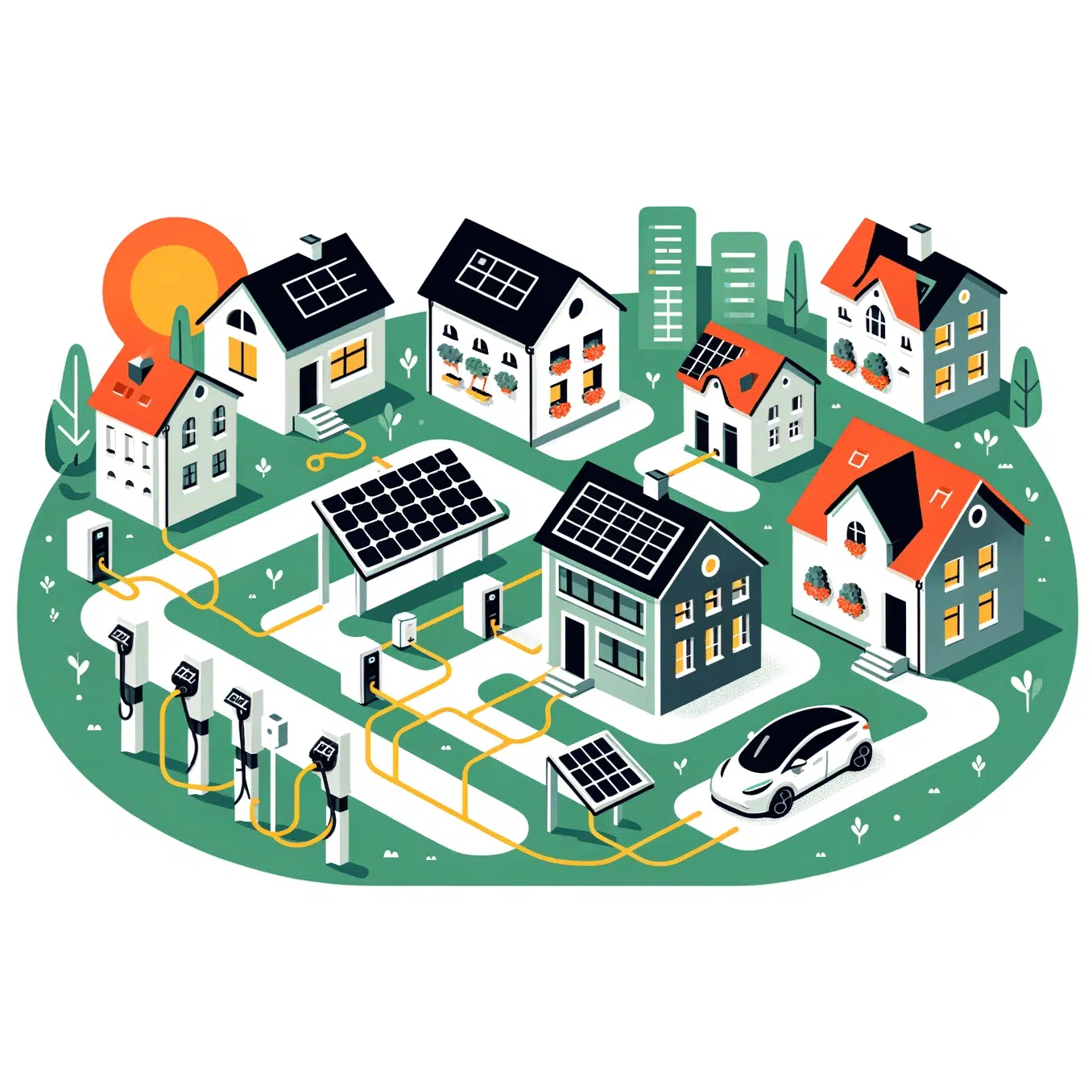 Illustration einer Energiegemeinschaft mit Häusern mit Photovoltaik-Paneelen und Elektroautos die an Ladestationen angeschlossen sind. Es wird ein intelligentes Energienetzwerk dargestellt.
